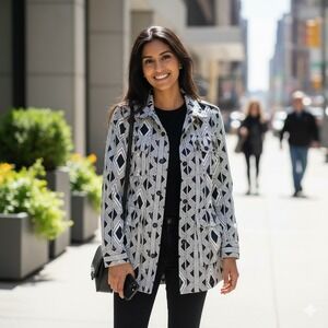 Figue Cotton Geometric Print Button Front Belted Jacket Black White Size L